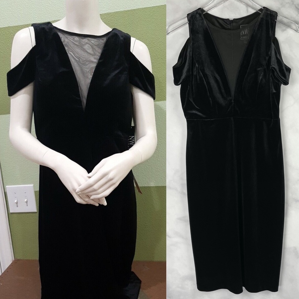 Nordstrom NightWay Velvet Cold Shoulder Mesh V Neck Midi Dress Black Retro 6